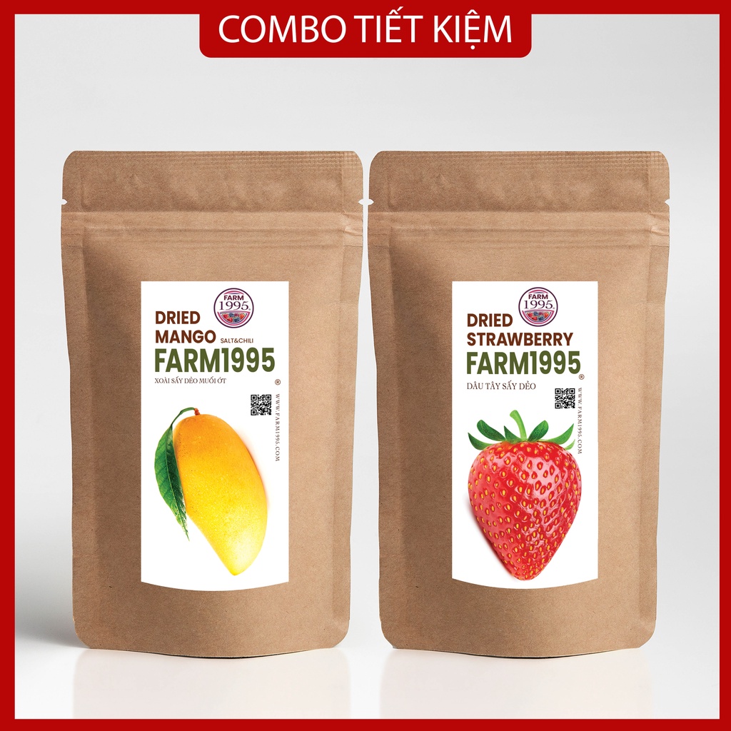 Combo Xoài sấy dẻo muối ớt và Dâu tây sấy dẻo Farm 1995, Hoa quả sấy, 400g