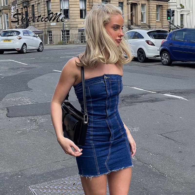 Đầm Denim Không Tay Màu Trơn Lưng Cao Thời Trang Dành Cho Nữ