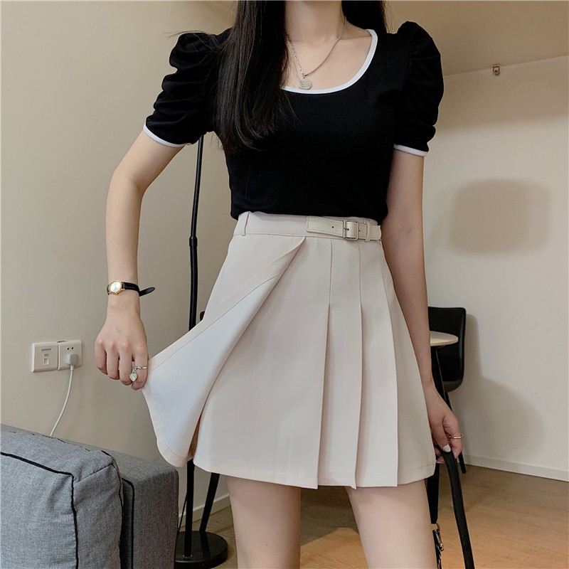 Chân váy đen trắng xếp ly ngắn nữ eo cao phong cách mới ôm dáng chữ A CV002