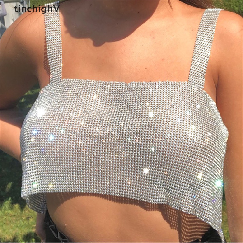 [TinchighV] Áo Crop Top Hai Dây Đính Đá Kim Sa Lấp Lánh Toàn Diện Màu Trơn Thời Trang Dự Tiệc Cho Nữ [Mới]