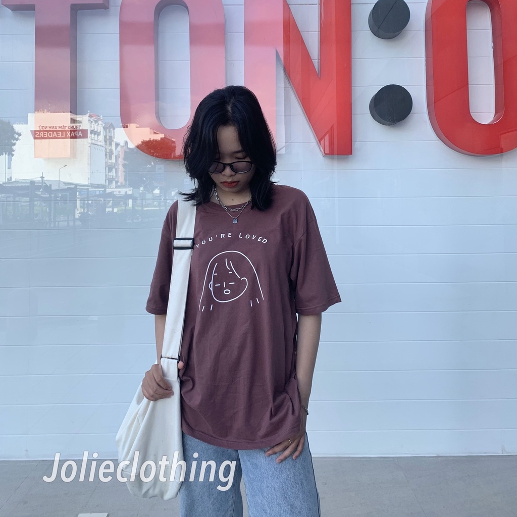 Áo thun nam nữ tay ngắn, dáng unisex chất liệu cotton form rộng nhiều màu in hình cô gái màu nâu