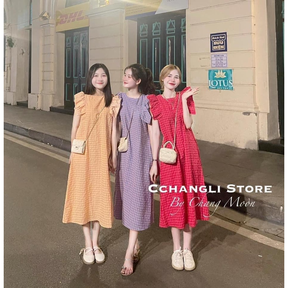 Váy đầm nữ karo bèo vai dáng suông chất thô hàn mềm mát