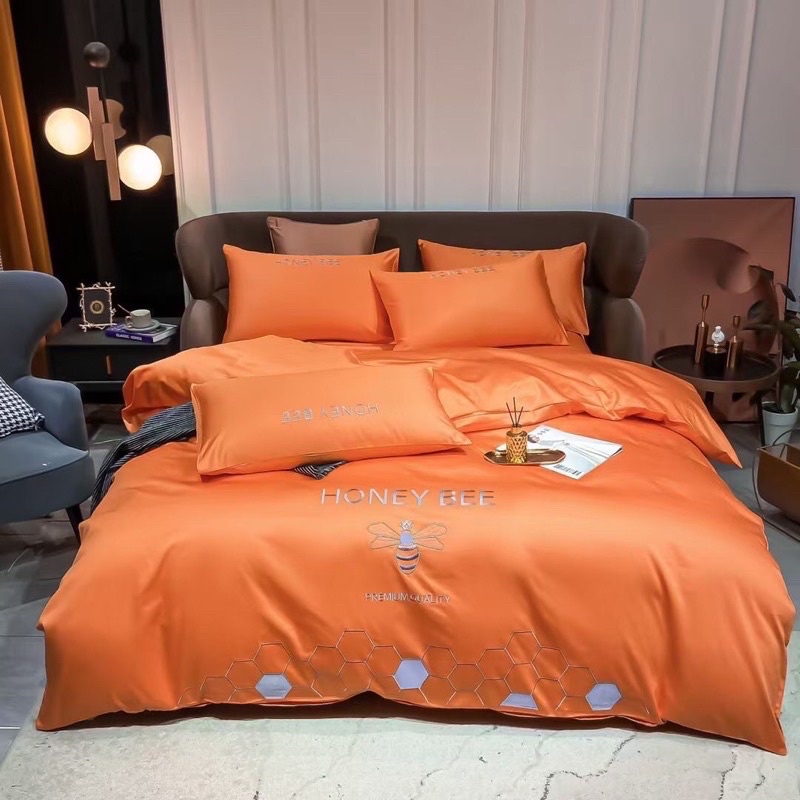 Bộ Chăn Ga Gối Lụa Cotton HONEY BEE Thêu Ong Sang Trọng Hàng Nhập Khẩu