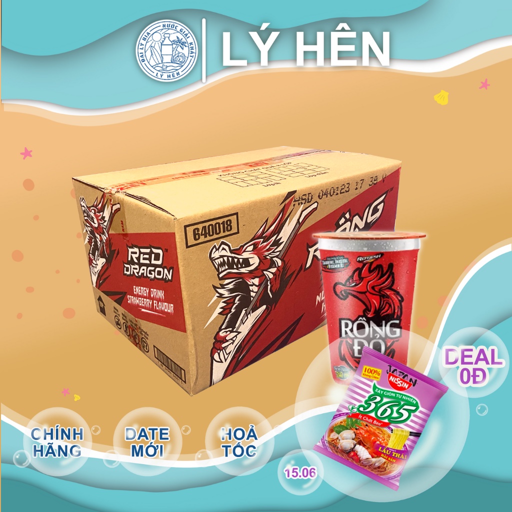 Thùng 48 Ly Nước Tăng Lực Rồng Đỏ Hương Dâu Energy Drink Can 240ml Kèm Ống Hút Date Luôn Mới
