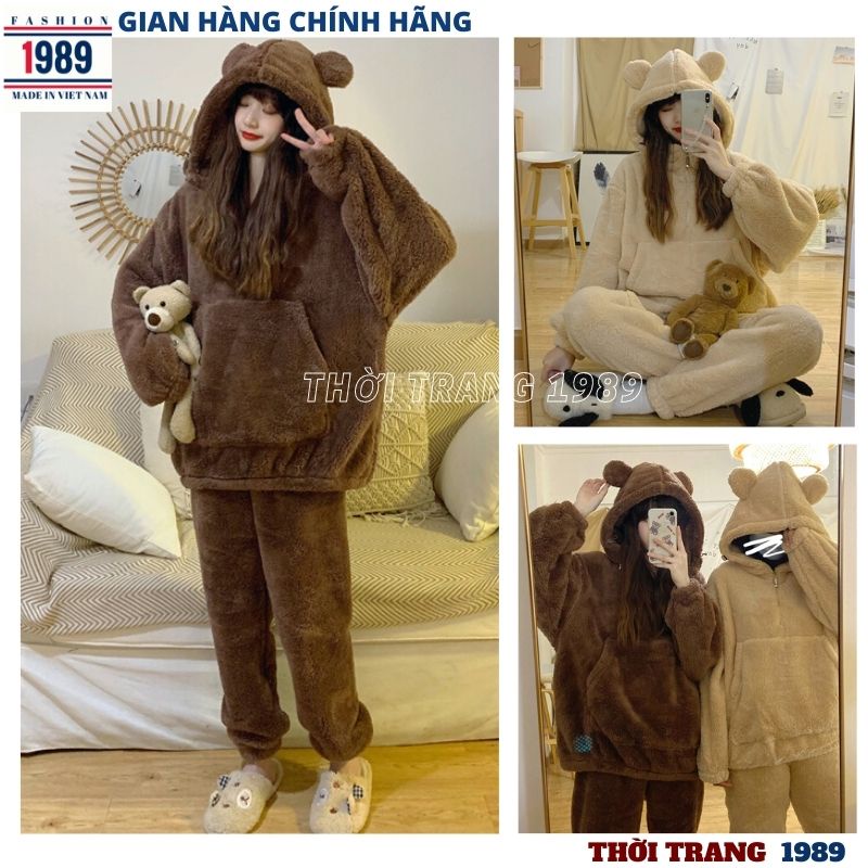 Bộ đồ mặc nhà lông gấu trơn 2 mầu nâu be ,bộ ngủ ấm áp vào mùa đông -PHƯƠNG 1989