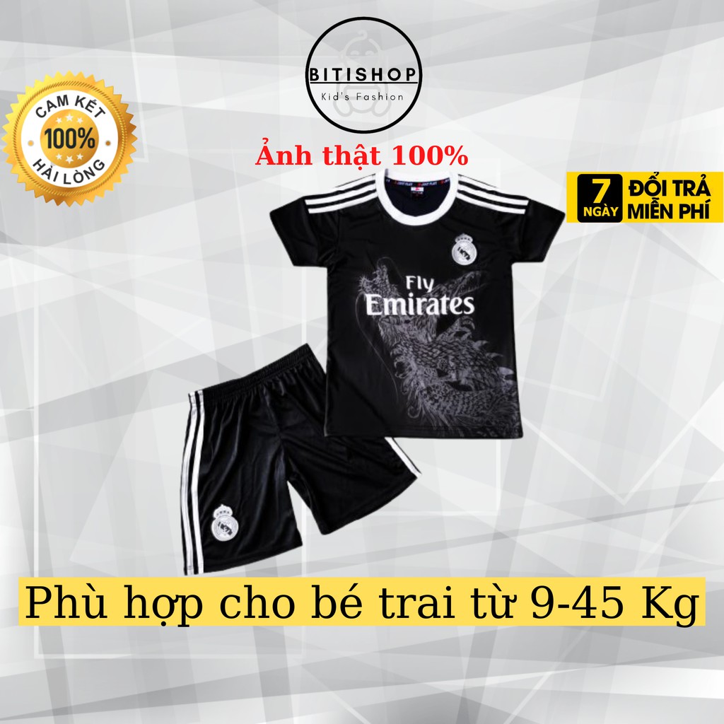 Bộ quần áo bóng đá cho trẻ em cộc tay Real Mandrid BITI SHOP thun lạnh co giãn thoáng mát từ 9 đến 42 Kg