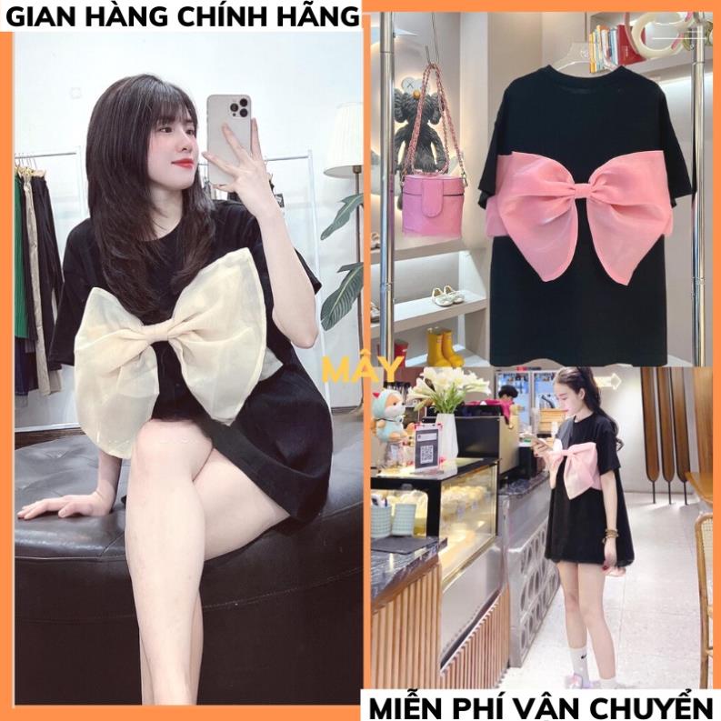 Áo Thun Nữ Cộc Tay Nơ Ngực Cổ Tròn Dáng Dài Trùm Mông Áo Phông Nữ Freesize Tay Lỡ Form Rộng ULZZANG hàn quốc MÂY2 ™️