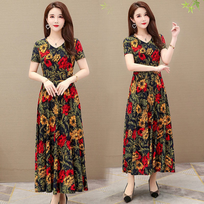 Middle aged fashion❀Váy liền dài cho người mẹ trung niên và già, Đầm rộng in hoa mẫu mới mùa hè 2021, quá đầu g