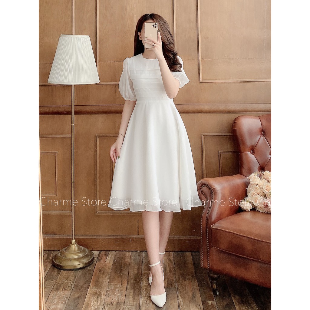 Váy nữ 💖Charme 💖Váy nữ Ruyt dáng xòe ngang gối màu trắng | BigBuy360 - bigbuy360.vn