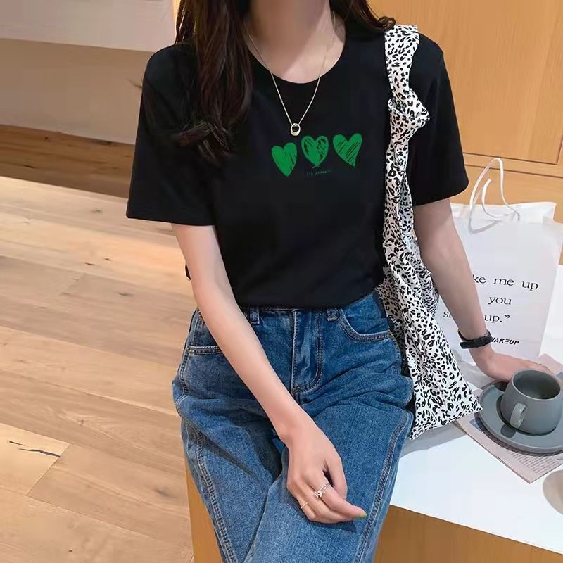 Áo Thun Cotton Trắng Tay Ngắn Dáng Rộng In Hình Trái Tim Thời Trang Cho Nữ