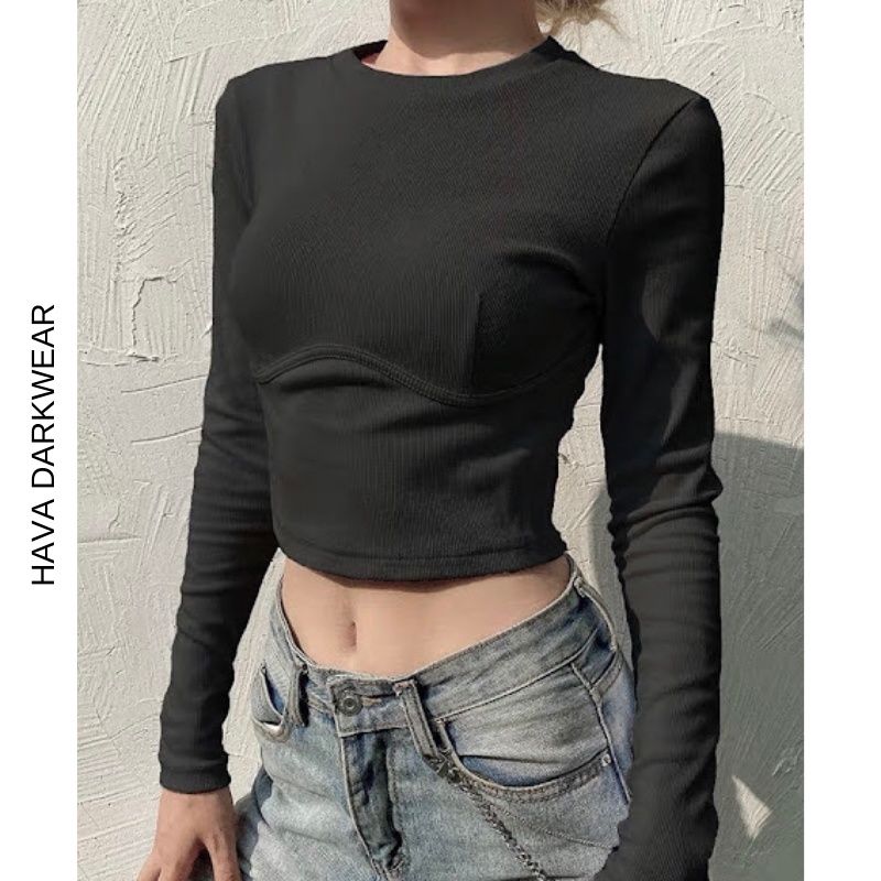 Áo body thun gân màu đen tay dài nâng ngực form ôm cá tính ATD22