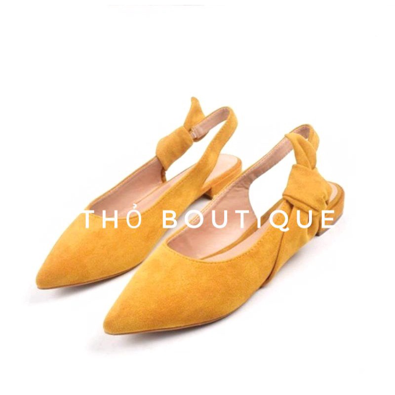 Giày bệt ALDO da lộn vàng mù tạt thắt nơ sau gót size 38