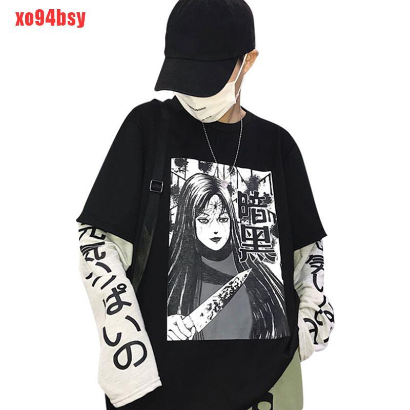 [xo94bsy]Harajuku Japanese Anime Print Women Sweatshirt Fake 2 Pieces Loose Streetwear