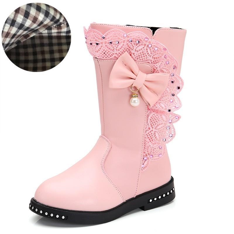 Giày bốt bé gái cao đầu gối da mềm gắn ren nơ size 27-37 màu Đen Đỏ Hồng cho bé từ 3-18 tuổi Boots dài thời trang
