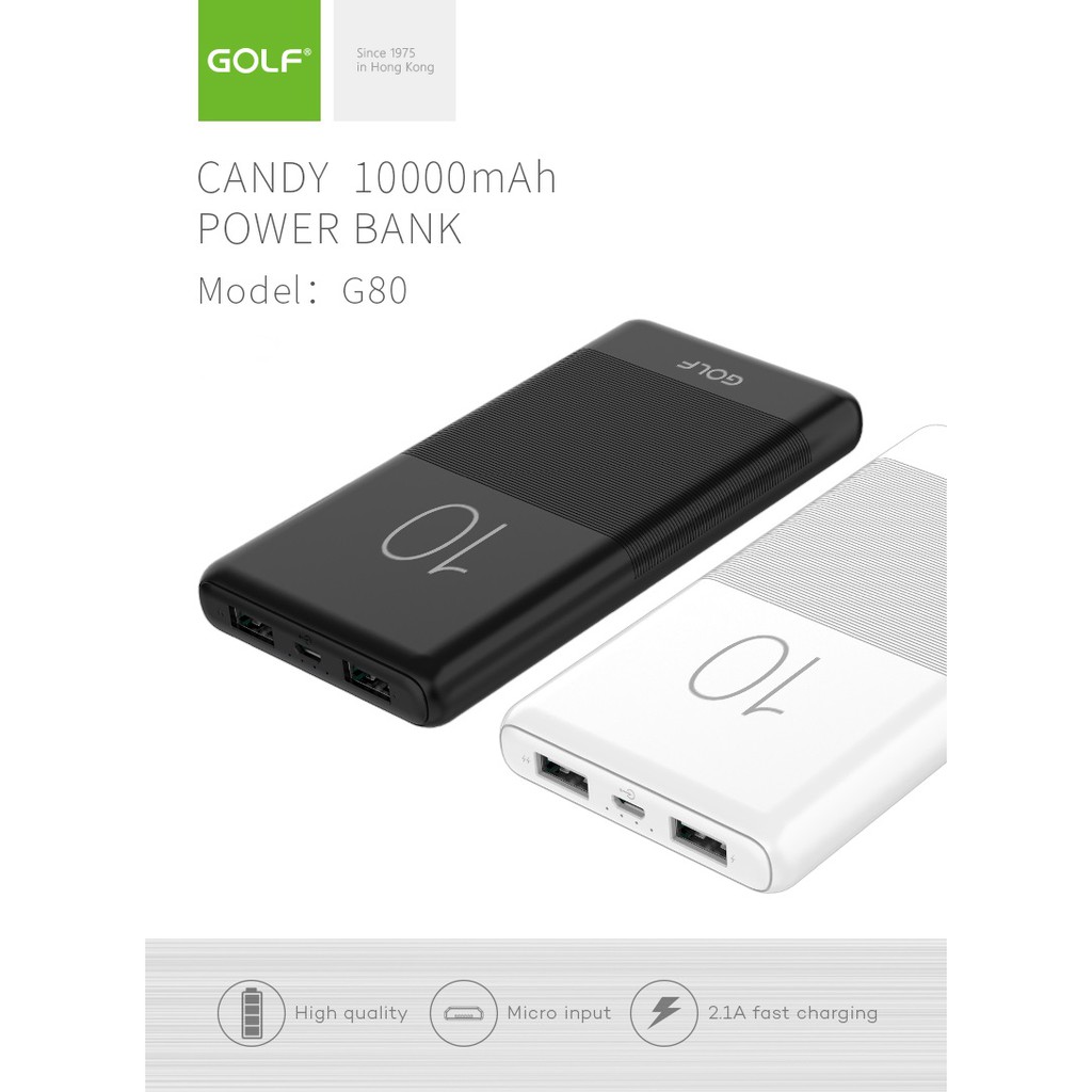 Pin sạc dự phòng Golf G80 10000mAh Candy Power Bank [PHÂN PHỐI CHÍNH HÃNG, BẢO HÀNH 1 NĂM]