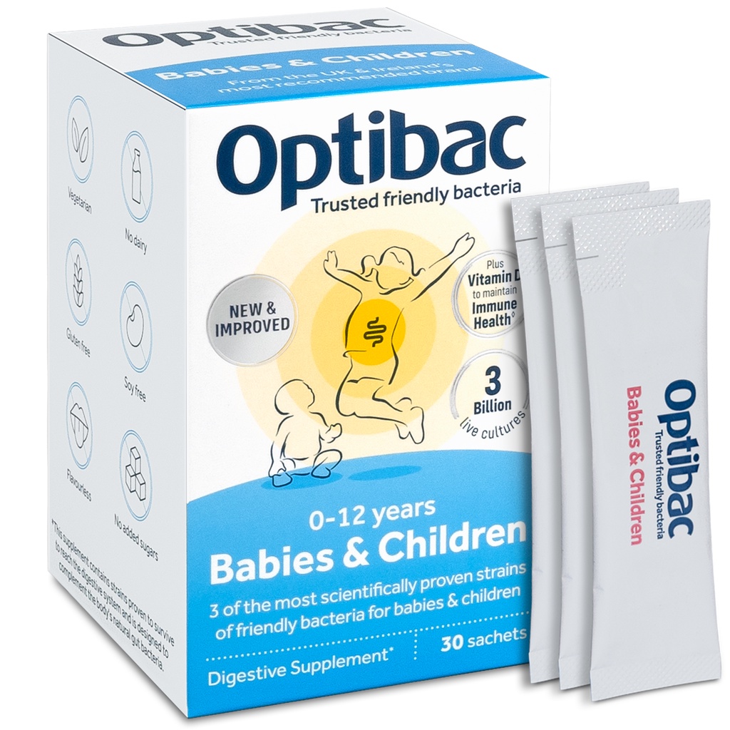 Men vi sinh Optibac Babies & children, bổ sung men vi sinh & chất xơ, vitamin D cho trẻ em từ 0 -12 tuổi, hộp 30 gói