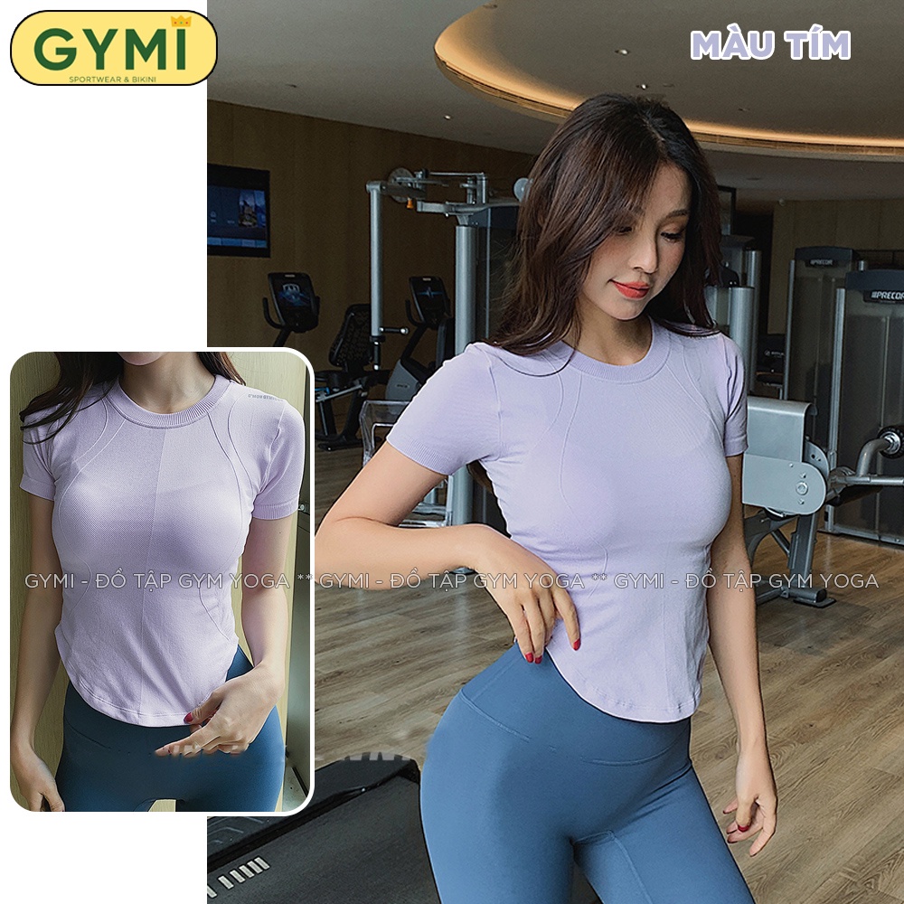 Áo tập gym yoga nữ GYMI AC25 dáng ngắn cộc tay vạt bầu chất thun gân co giãn tốt ôm body