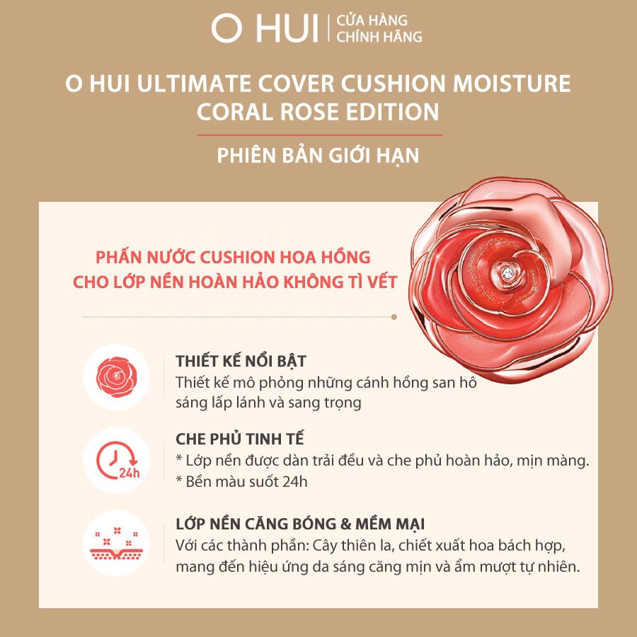 Bộ Phấn Nước Hoa Hồng Phiên Bản Giới Hạn OHUI Ultimate Cover Cushion Moisture Coral Rose Edition Set 45g