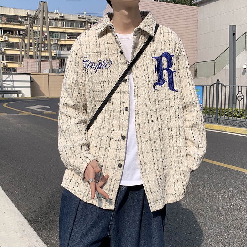 Áo Khoác Sơ Mi Tay Dài Dáng Rộng Kẻ Sọc Ca Rô Cài Nút Thời Trang Hàn Quốc Cho Nam