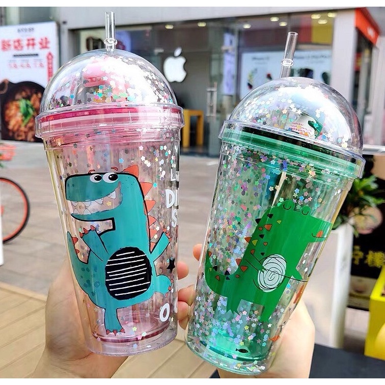 BÌNH NƯỚC KHỦNG LONG KIM TUYẾN TẶNG KÈM ỐNG HÚT HÌNH 3D