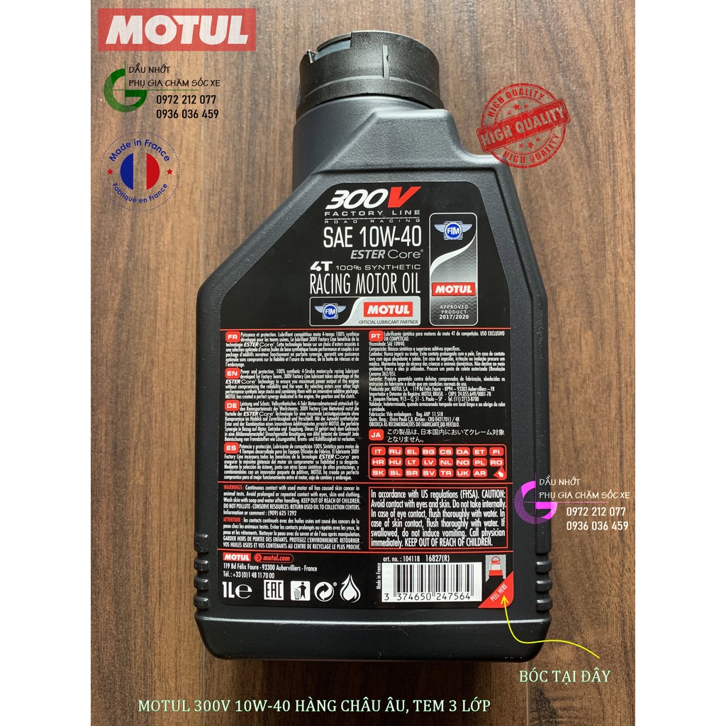 Dầu nhớt Motul 300V 10W-40 tem 3 lớp hàng châu ÂU cho xe côn tay, PKL