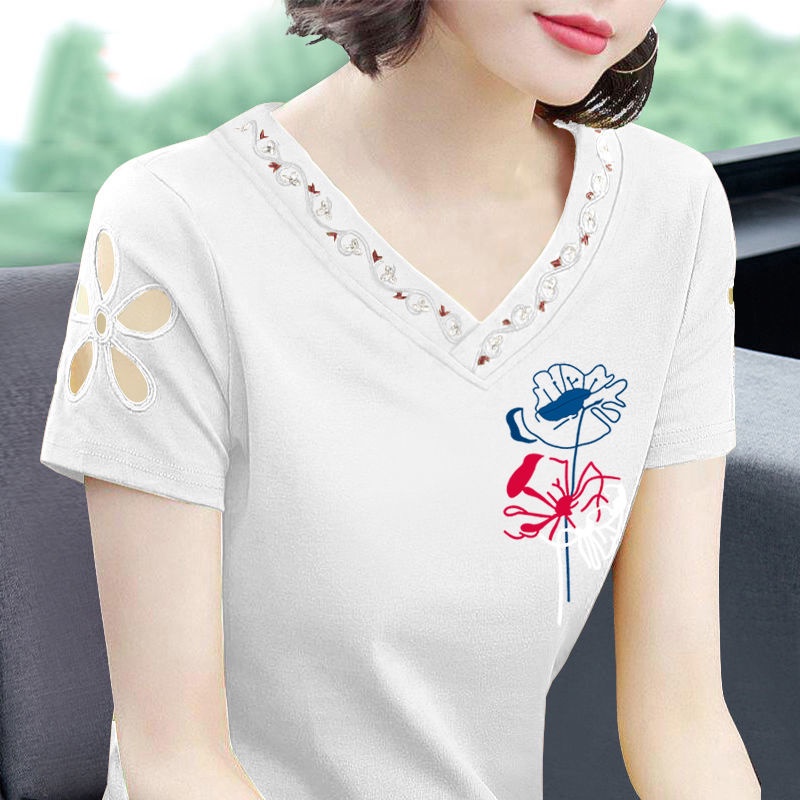 Áo thun tay ngắn cổ chữ V thời trang mùa hè cho phụ nữ trung niên