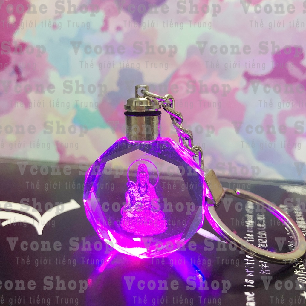 Móc khóa phát sáng pha lê thủy tinh Tượng phật bà QUAN ÂM NGỒI ĐÀI SEN quà tặng xinh xắn