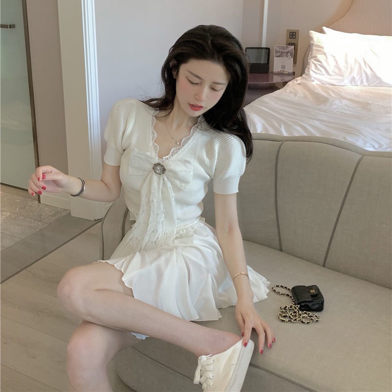 Áo Thun Ngắn Tay Lưng Cao Phối Ren Đính Nơ Thời Trang Cho Nữ  tao bao