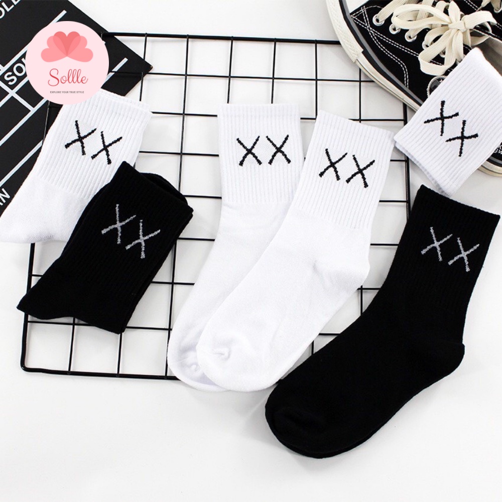 Tất vớ nam nữ cổ cao cổ lửng màu trơn đen trắng basic in chữ XX vải cotton thoáng mát Sollle