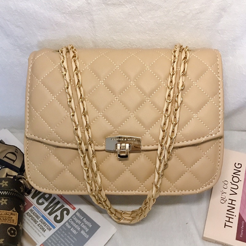 Túi xách nữ công sở CK ô trần trám cở lớn size 25cm khoá gập nhiều ngăn lót da túi đeo chéo đeo vai dây xích