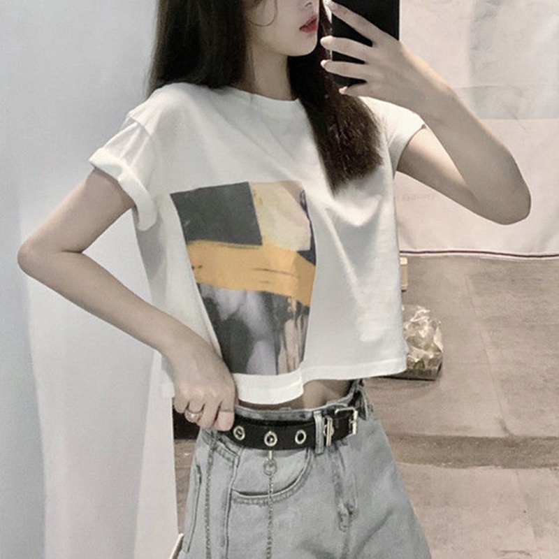 áo croptop Thun Nữ Ngắn Tay In Hình Khuôn Mặt Sáng Tạo