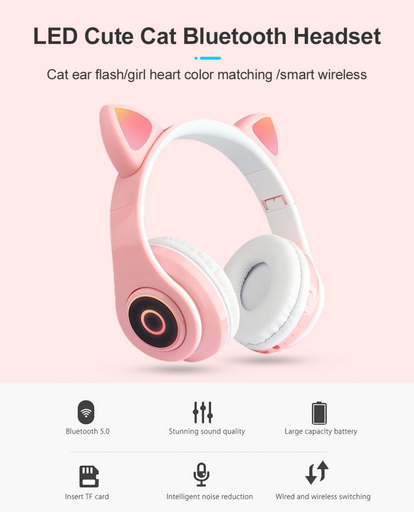 Tai Nghe Mèo Bluetooth, Headphone Tai Mèo Dễ Thương Có Mic,Âm Bass Mạnh Mẽ Và Dung Lượng Pin Khủng 400mAh BEST