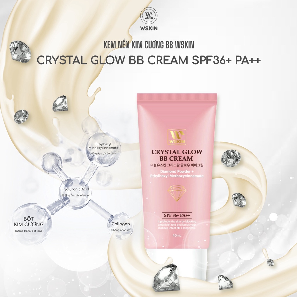 Kem nền cao cấp kim cương BB Wskin kiềm dầu, dưỡng trắng, bật tone.