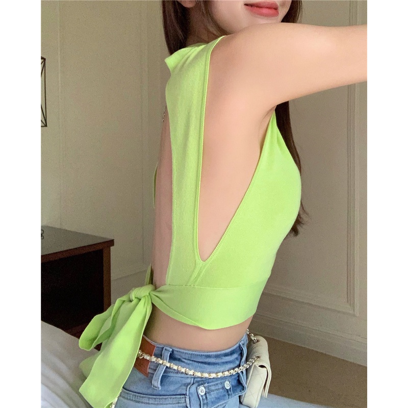 QADCOL Áo Croptop Sát Nách Lưng Cao Thiết Kế Cột Dây Sau Lưng Cá Tính