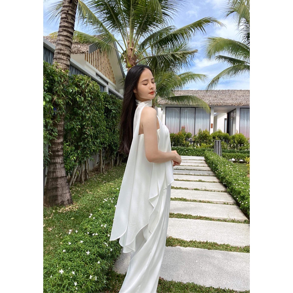 Jumpsuit Cúp Ngực Đi Biển Chất Lụa Mango Mềm Không Nhăn, Jumpsuit Trắng Dài Phối Dây Thắt Nơ Sang Chảnh