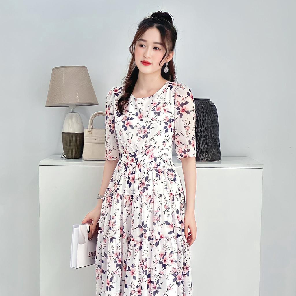 Đầm xòe midi nữ hoa, cổ tròn, tay lỡ - Trắng 4035 Guco