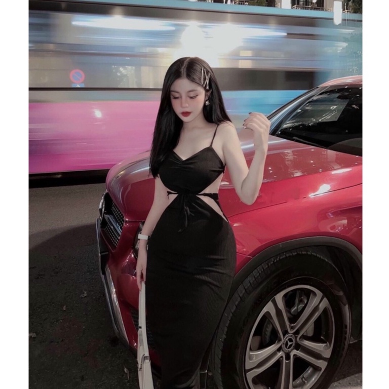 Đầm 2 dây nhíu ngực ôm body khoét eo hở lưng cột dây 2 dây ngang eo xẻ tà sau cực sexy , chất thun gân mềm mịn mk