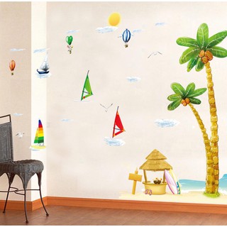 decal dán tường cây dừa và biển cả