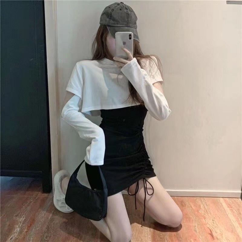 Đầm ngắn hai mảnh phối dây rút gợi cảm thời trang Hàn Quốc mới dành cho bạn nữ