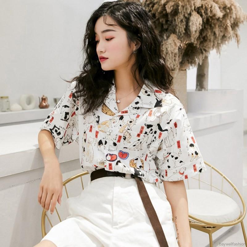 Áo sơ mi tay ngắn hoạ tiết mèo phong cách vintage | BigBuy360 - bigbuy360.vn