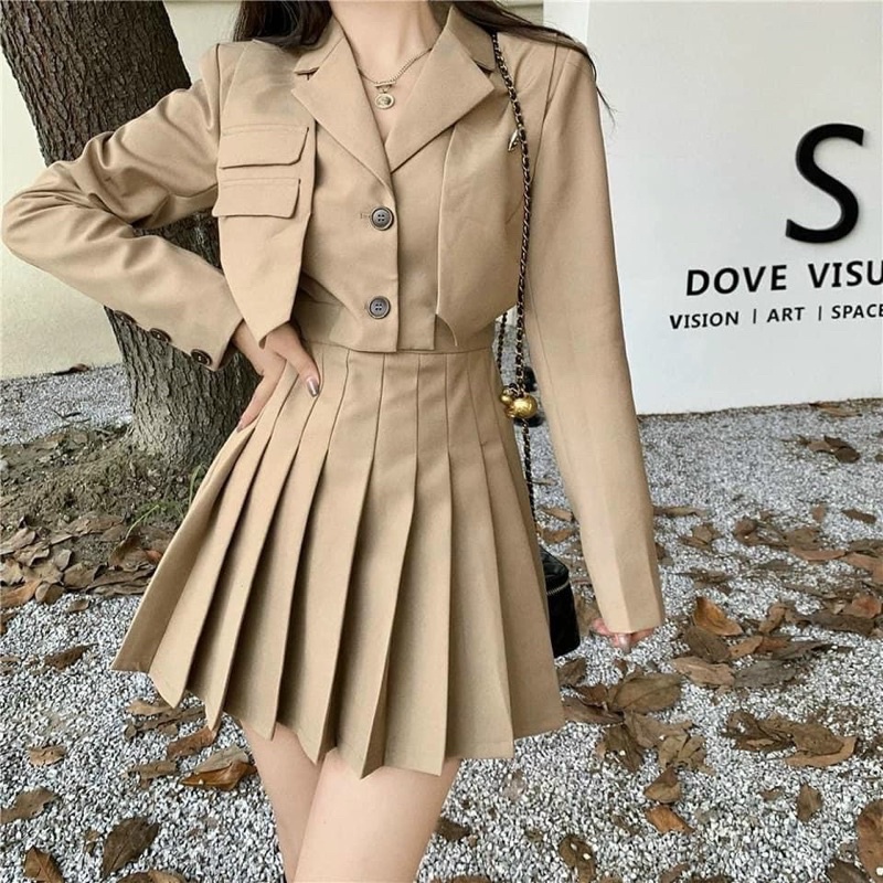 Set vest cao cấp áo kèm chân váy xếp li