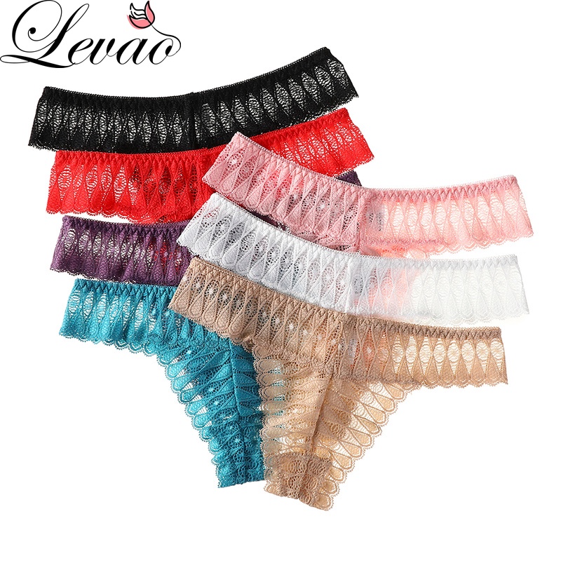 Quần lót lọt khe LEVAO chất liệu thoáng khí phối ren xuyên thấu thời trang quyến rũ cho nữ