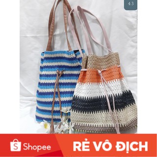 {Có Ảnh Thật} Túi Cói Vuông Rút Miệng Quai Da , Phụ Kiện Thời Trang Đi Biển, Chụp Hình,...