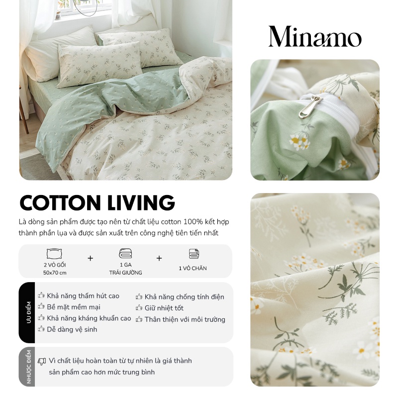 Set Bộ Vỏ Chăn Ga Gối Cotton Living Cỏ Ngọc Minamo B27 Chiết Liệu Cao Cấp Không Bai Xù, Siêu Mềm Mịn, Thấm Hút Mồ Hôi