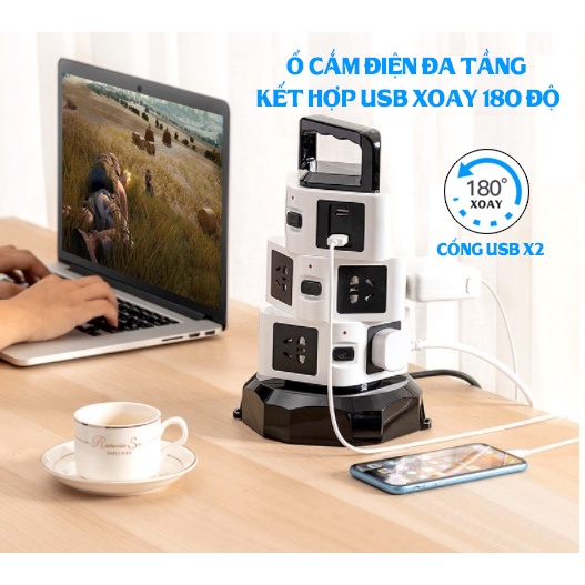 [ NEW ] Ổ cắm đa tầng kết hợp cổng USB, xoay 180 độ, chịu tải 2500W,chống cháy chống giựt