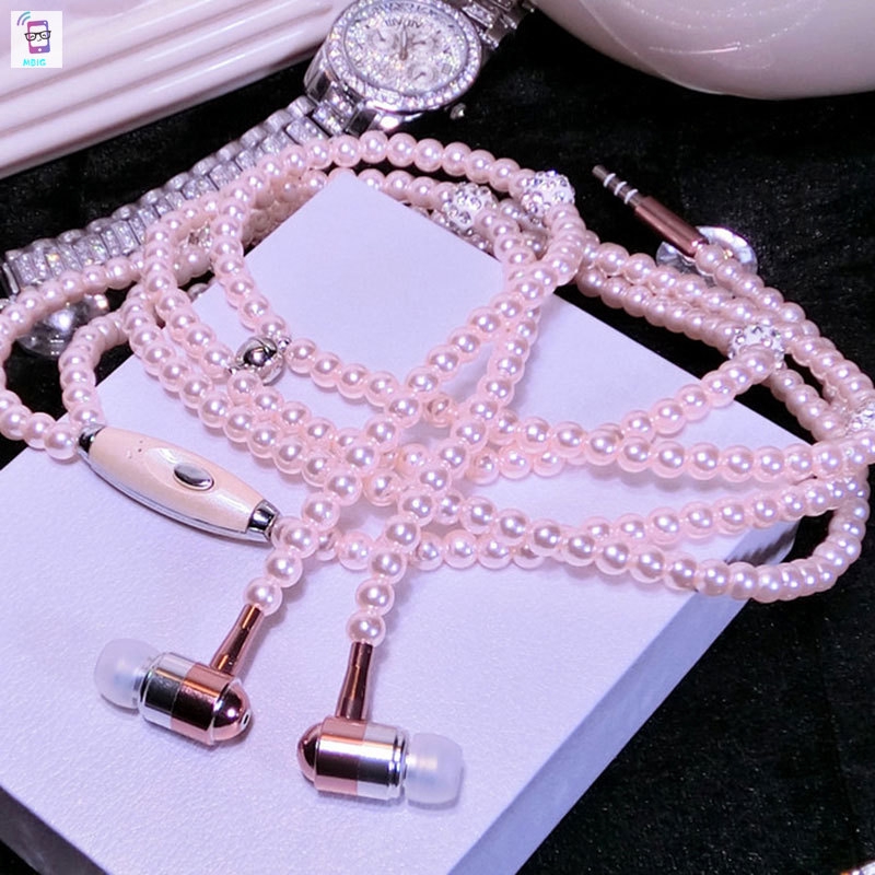 MG Rhinestone Jewelry Fake Pearl Necklace Earphones With Microphone Earbuds Gifts For iPhone Xiaomi Samsung @vn