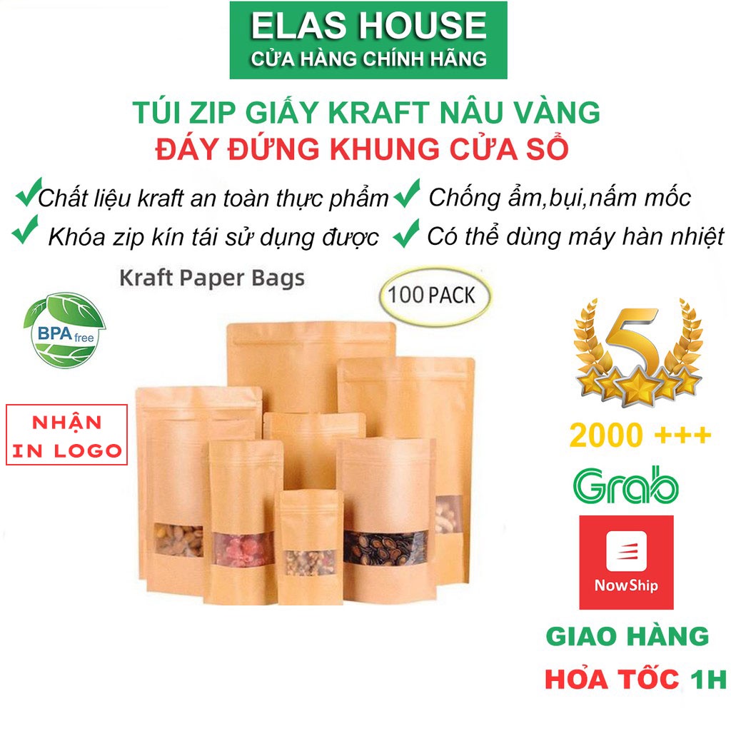 Túi zip giấy kraft đựng thực phẩm 1KG Túi zip giấy kraft có cửa sổ đáy đứng