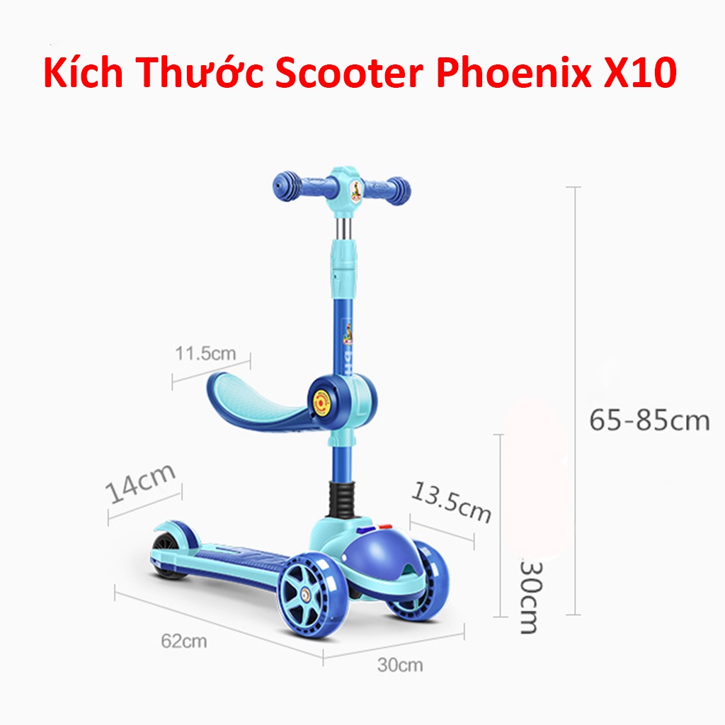 Xe scooter cho bé có phát nhạc, chịu tải 60Kg, 3 bánh to phát sáng vĩnh cửu - Scooter cao cấp Phoenix | BH 12 Tháng