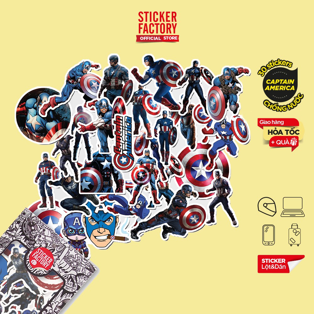 Hộp set 30 sticker decal hình dán nón bảo hiểm , laptop, xe máy, ô tô STICKER FACTORY - Captain American