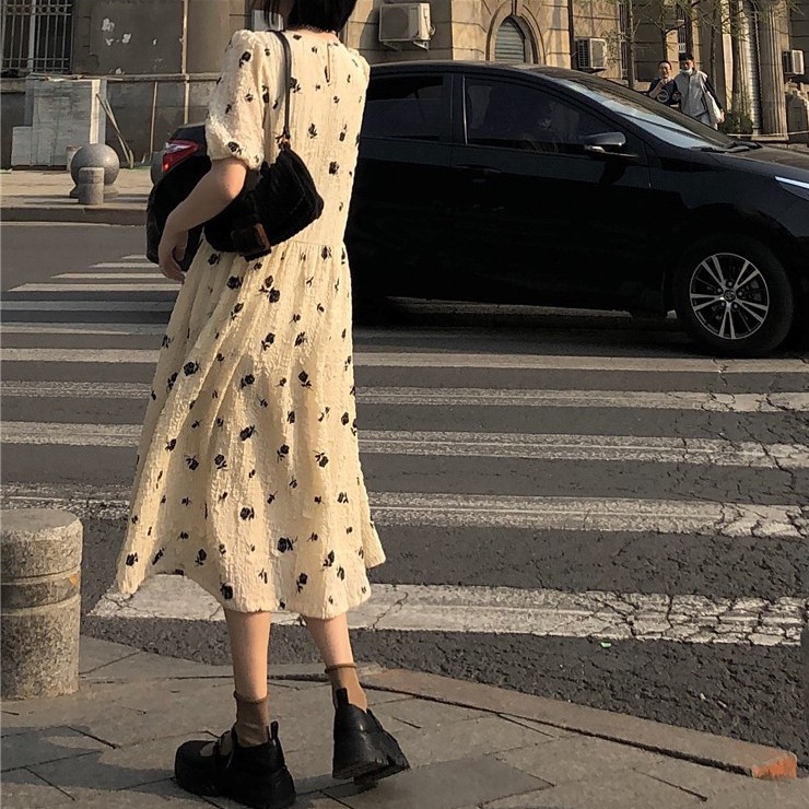Xiaozhainv Đầm Maxi Tay Phồng In Hoa Phong Cách Hàn Quốc Thời Trang Nữ